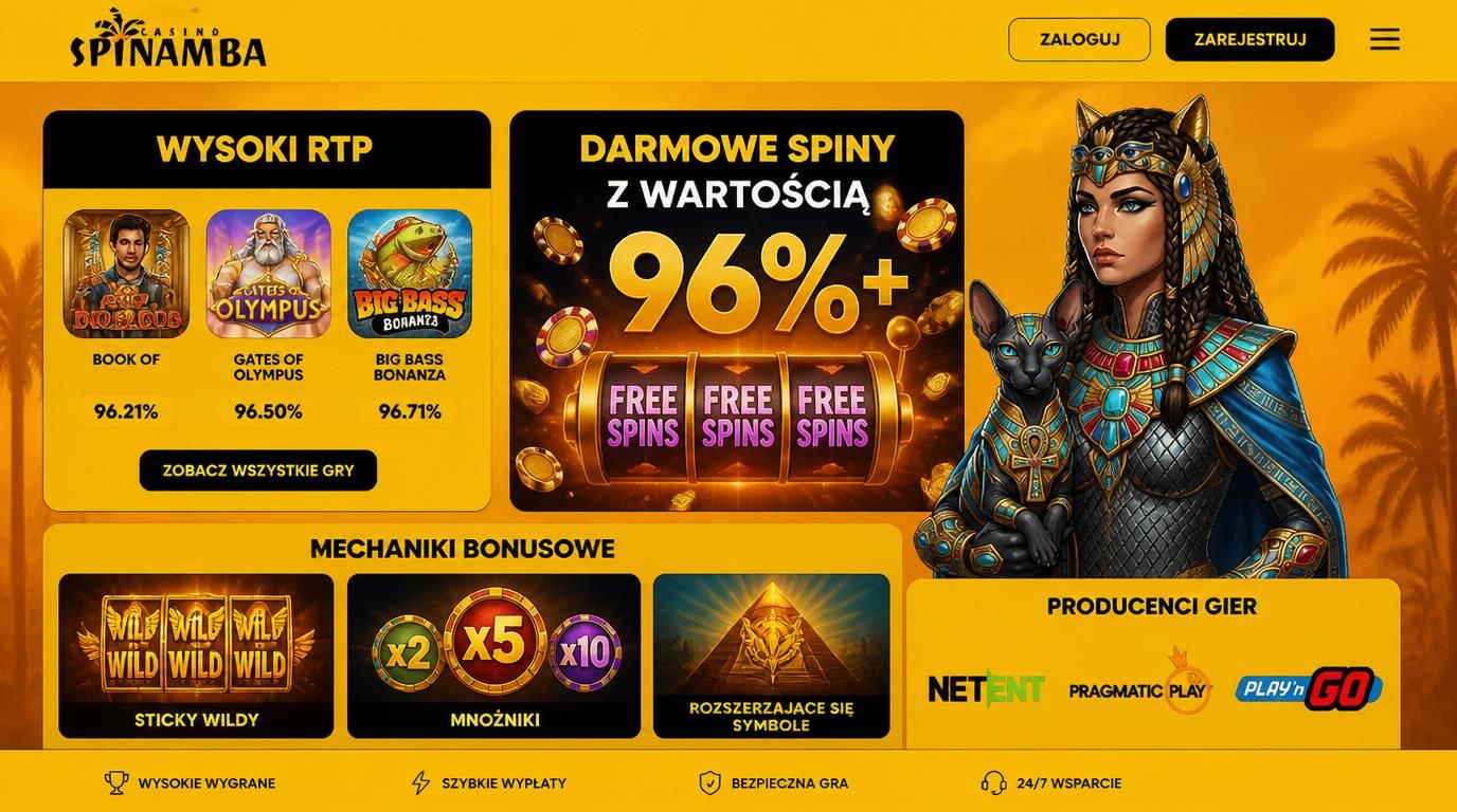 Grafika prezentująca wartość bonusów Spinamba – wysoki RTP, mechaniki i darmowe spiny