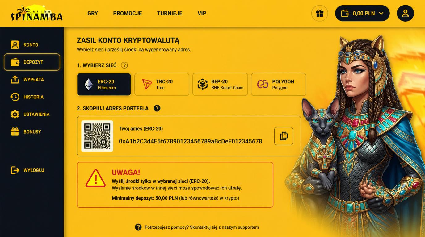 Interfejs wyboru sieci kryptowalutowej, pokazujące ERC-20 i TRC-20 z ostrzeżeniem