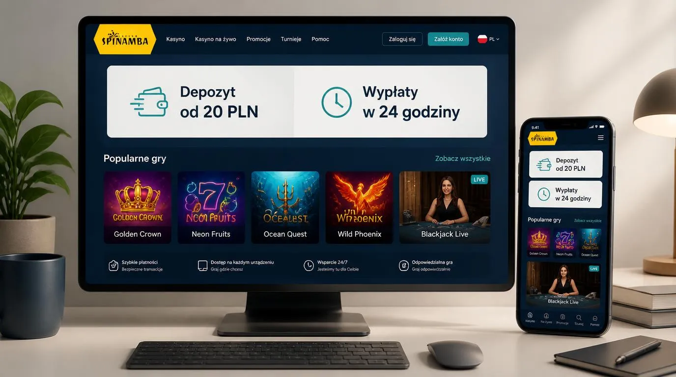 Makieta panelu kasyna z depozytem 20 PLN, czasem wypłaty 24 godziny i kafelkami gier z krupierem