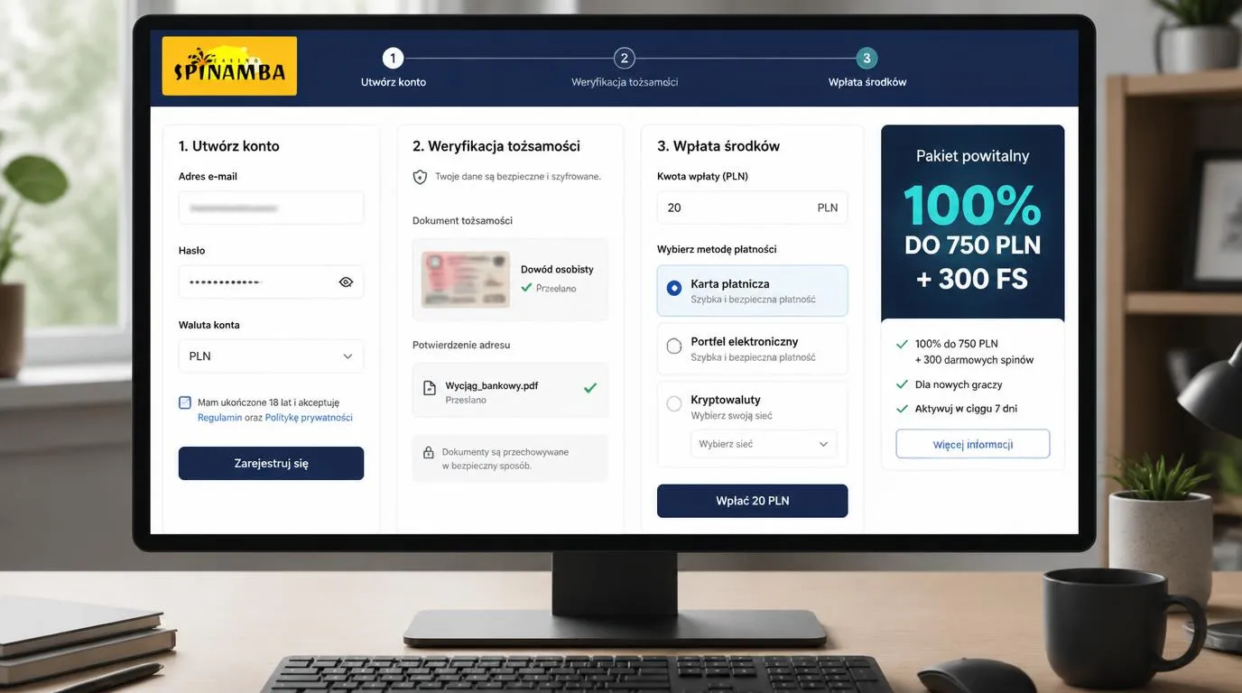 Panel konta kasyna z formularzem rejestracji, przesyłaniem dokumentów KYC i wyborem pierwszego depozytu