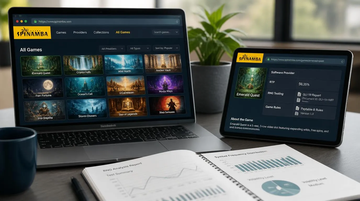 Ekran informacji o grze z parametrami RTP i RNG obok laptopa z katalogiem automatów